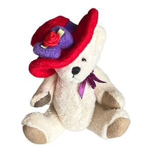 VTG Ganz MINIATURE BEAR 4" Red Hat Lil Victorian Soft Fur Purple Bow Jointed Toy